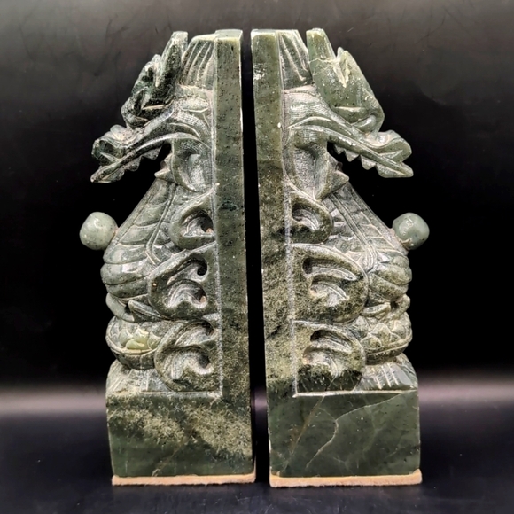 Vintage Pair Hand Carved Solid Genuine Green Jade Dragon Bookends - 10" Tall - Picture 15 of 15